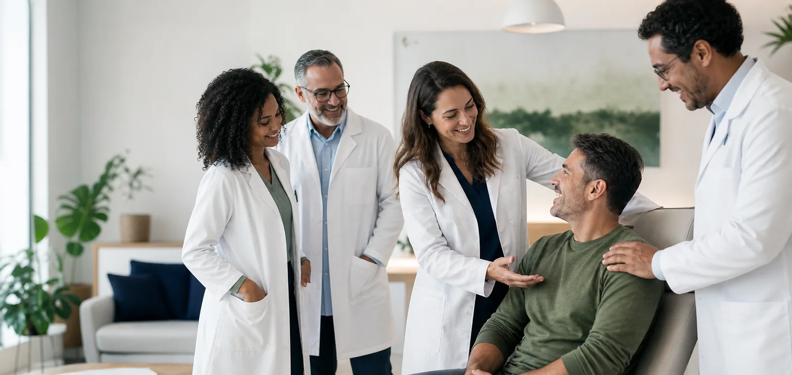 Imagem ilustrativa de equipe médica diversa e acolhedora cuidando de um paciente