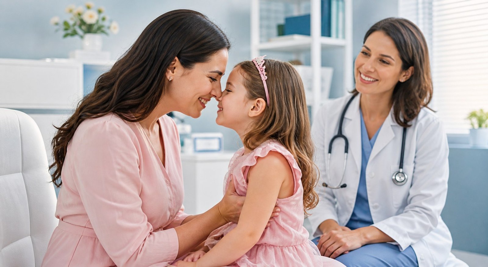 Mãe e filha de vestido rosa tocando os narizes diante de uma médica